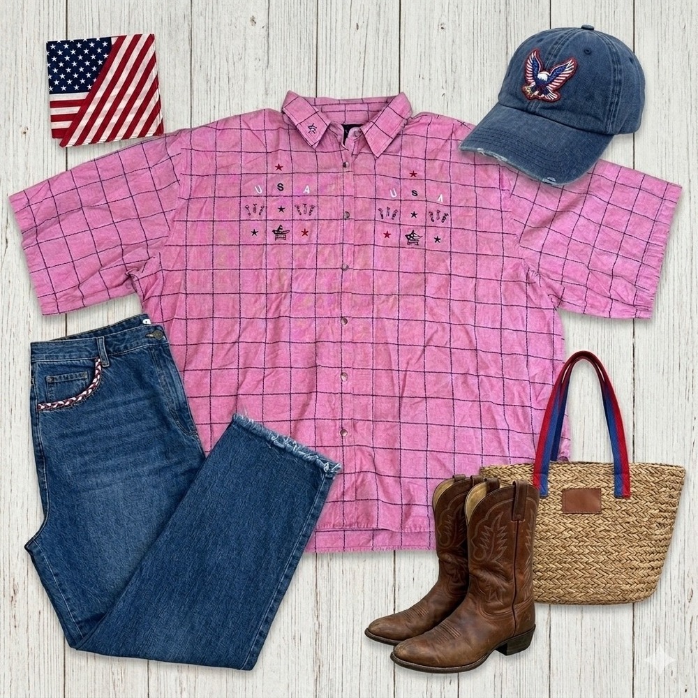 Vintage USA Embroidered Shirt Mens 3XL Pink Cotton Grid Patriotic Americana 90s